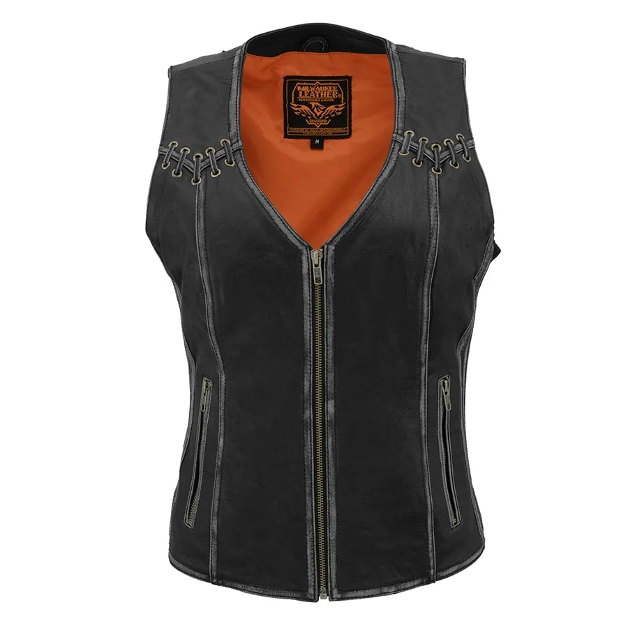 Women Distressed Black Leather Vest with Lace & Star Accents
