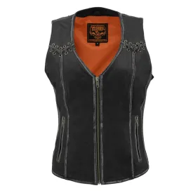 Women Distressed Black Leather Vest with Lace & Star Accents