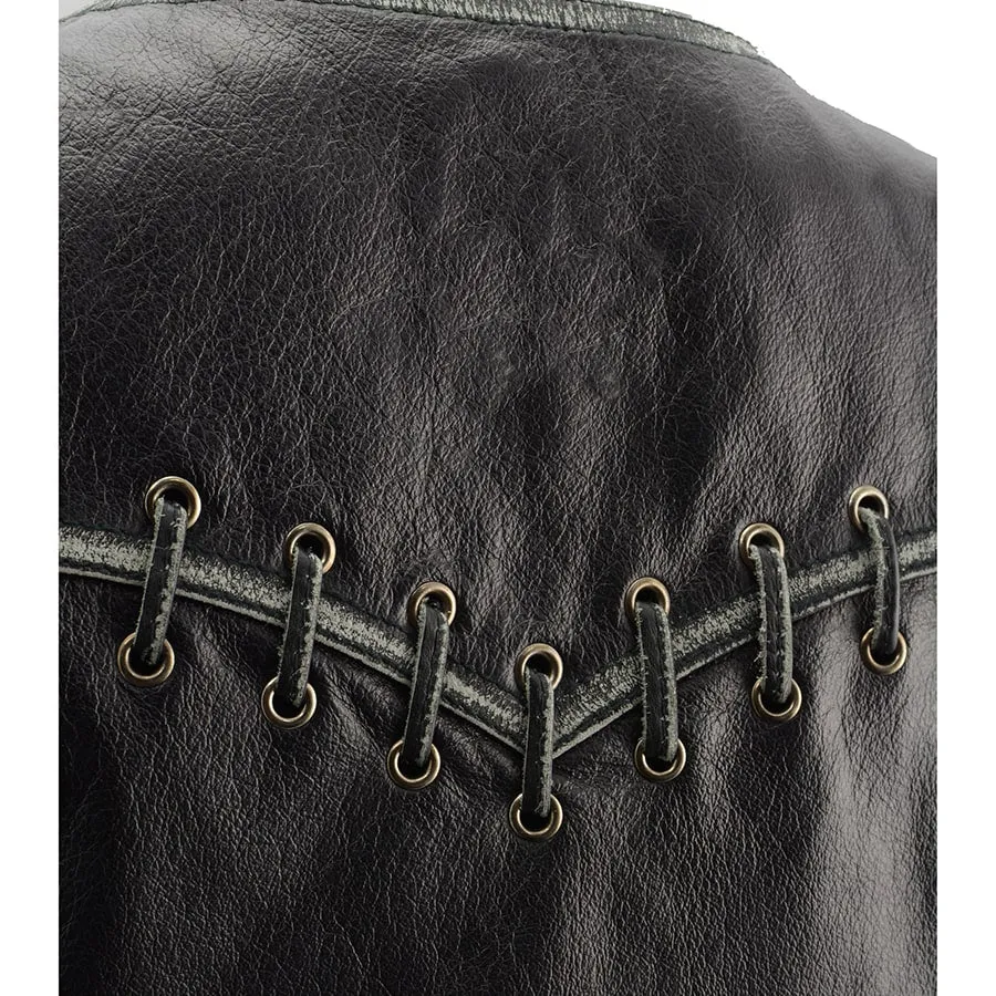 Women Distressed Black Leather Vest with Lace & Star Accents