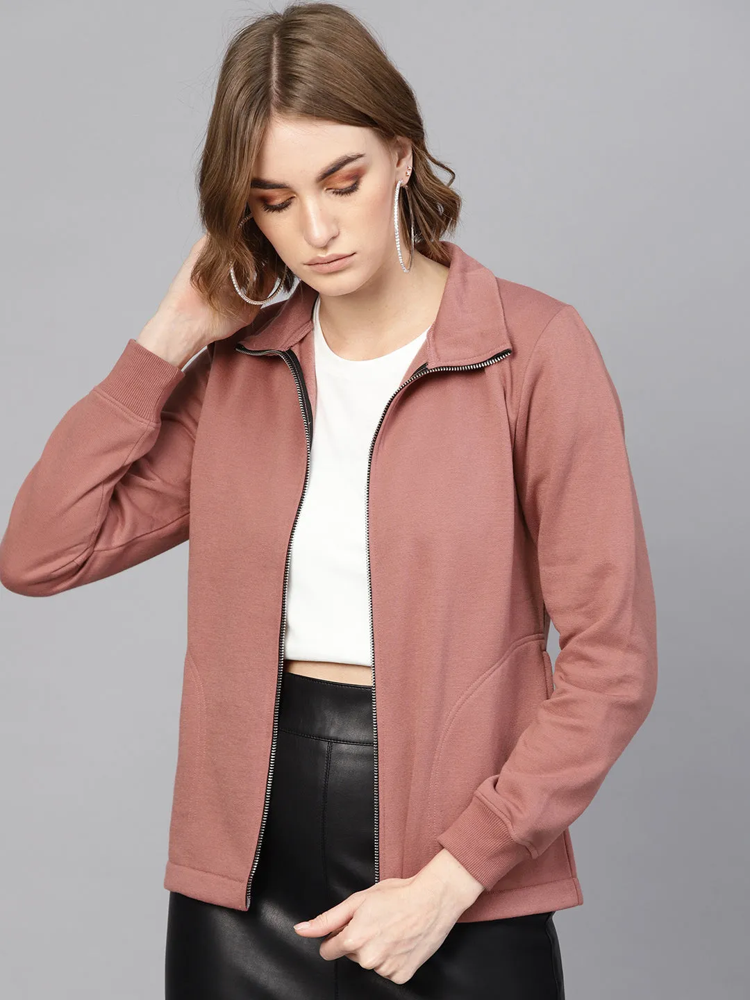 Women Dusty Pink Zipper Sweatshirt