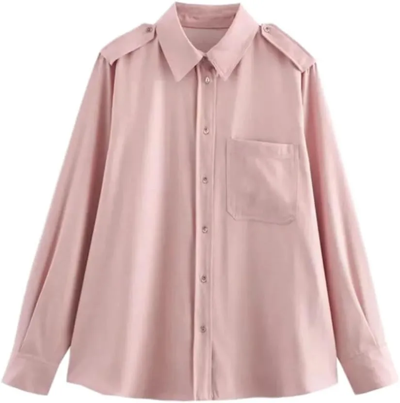 Women Single Pocket Lapel Solid Color Loose Shirt High Waist Straight Pants Suit for