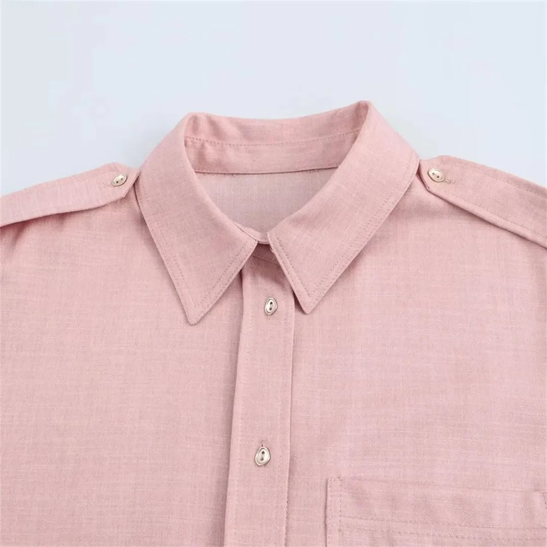 Women Single Pocket Lapel Solid Color Loose Shirt High Waist Straight Pants Suit for