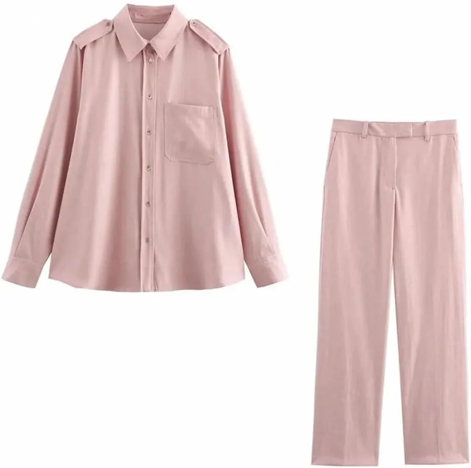 Women Single Pocket Lapel Solid Color Loose Shirt High Waist Straight Pants Suit for