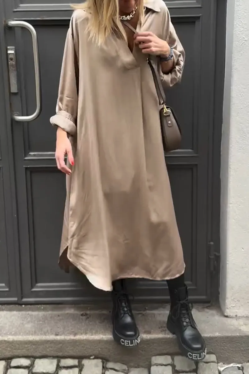 Women's Casual Lapel Solid Color Satin Dress