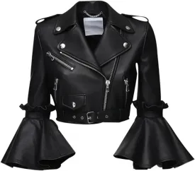 Women's Cropped Leather Biker Jacket, Ruffled Bell Sleeve Moto Jacket, Leather Short Jacket for Women