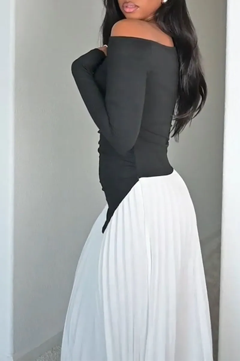 Women's Elegant Sloped Shoulder Irregular Contrast Color Organ Pleated Dress