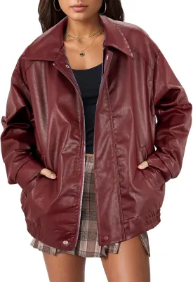 Womens Faux Leather Jacket Winter Bomber Vintage Pleather Jacket Oversized Leather Blazer Motorcycle Jacket Biker Jacket Coat Wine Red L