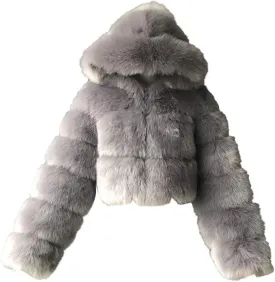 Womens Fluffy Faux Fur Coat Cropped Jacket Y2K Christmas Puffer Jacket with Hood Zip Up Fuzzy Teddy Jacket