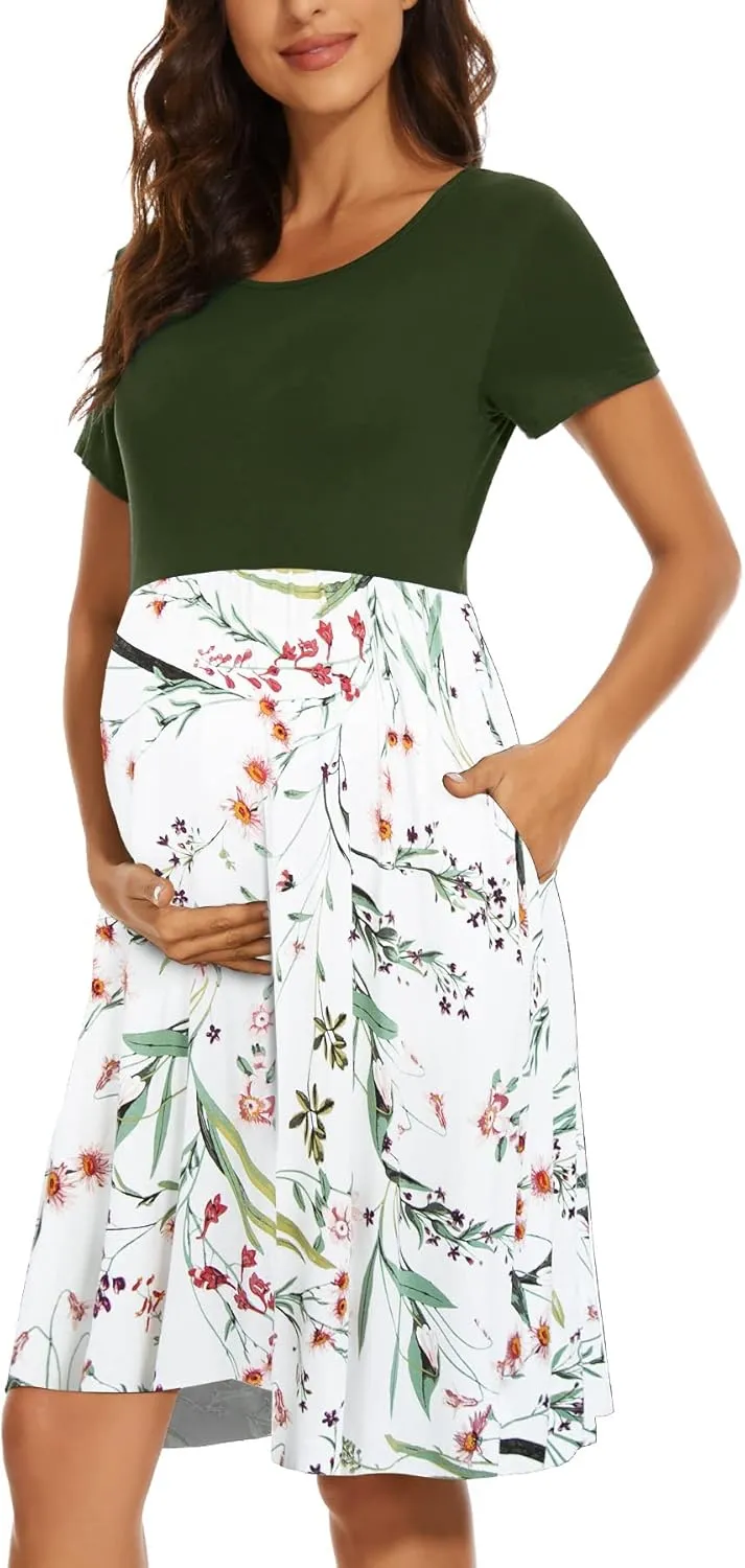 Women's Short Sleeve Maternity Dress Patchwork Pregnancy Clothes with Pockets