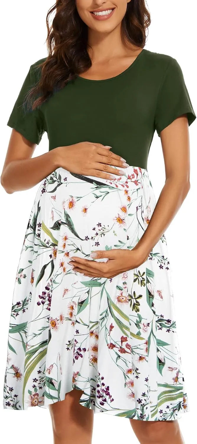 Women's Short Sleeve Maternity Dress Patchwork Pregnancy Clothes with Pockets