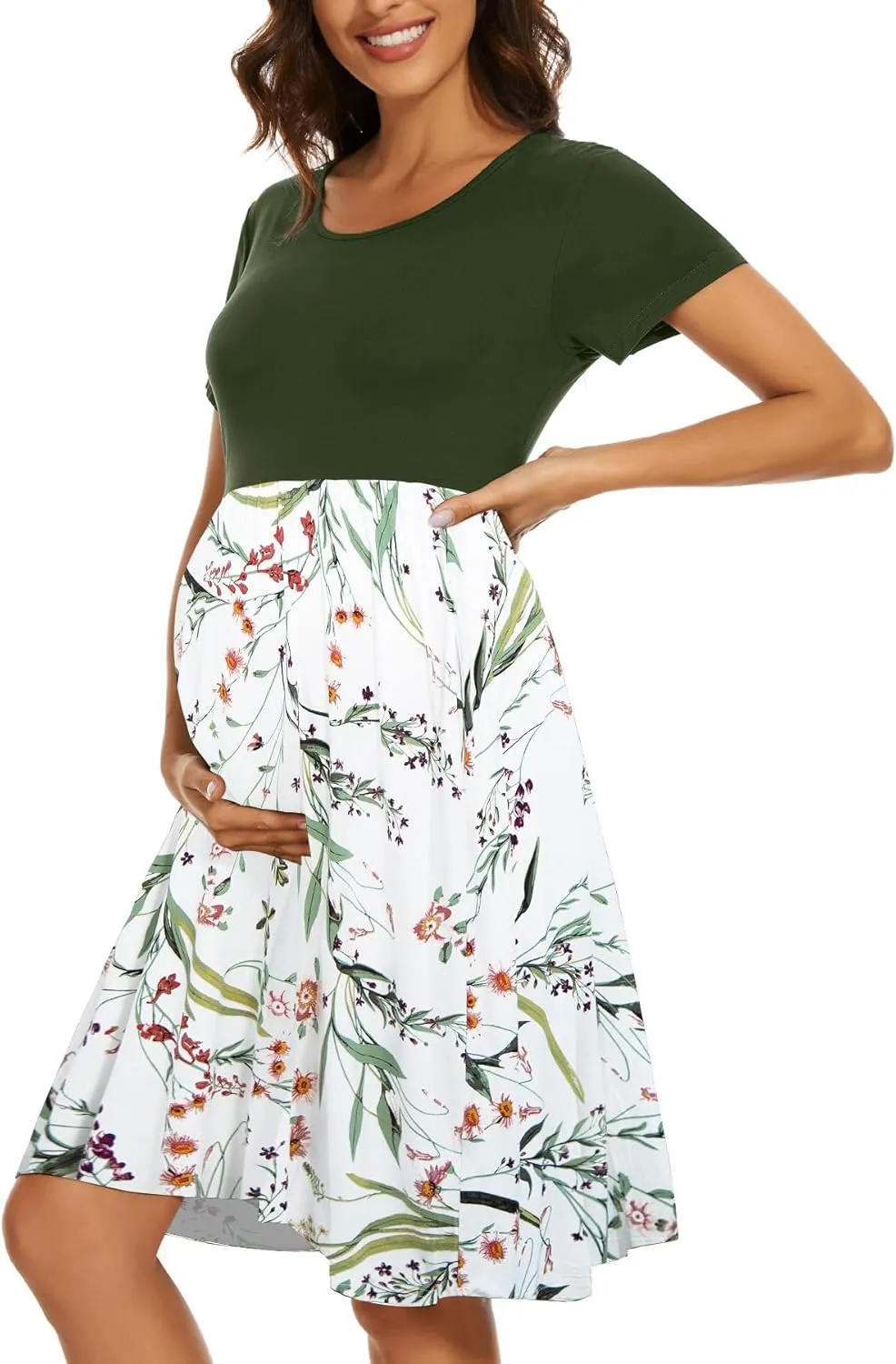 Women's Short Sleeve Maternity Dress Patchwork Pregnancy Clothes with Pockets