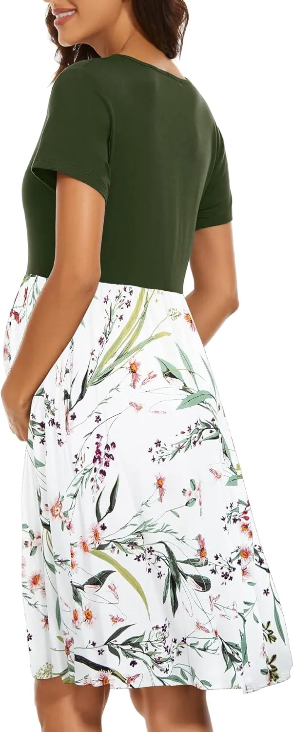 Women's Short Sleeve Maternity Dress Patchwork Pregnancy Clothes with Pockets