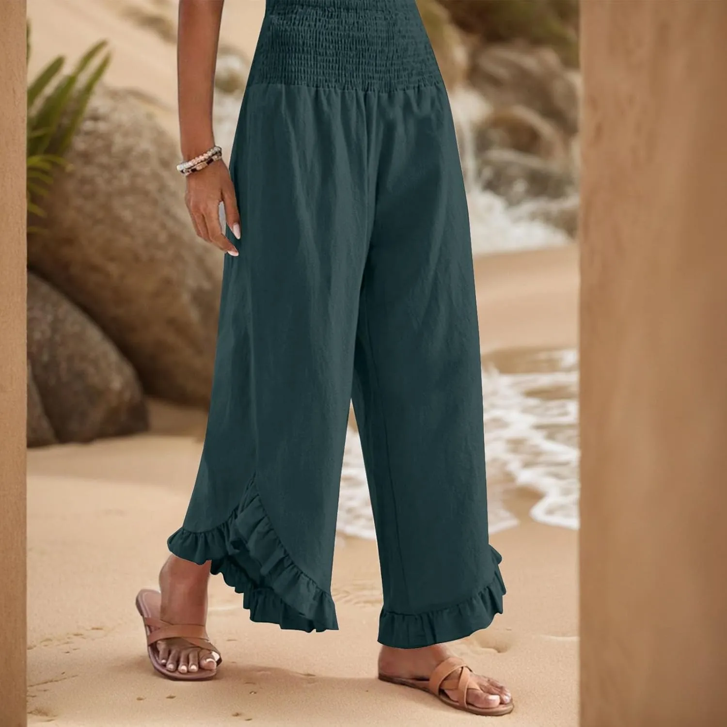 Women's Solid Color Elastic Waist Slim Pleated Petal Dressy Casual Loose Fit Trousers