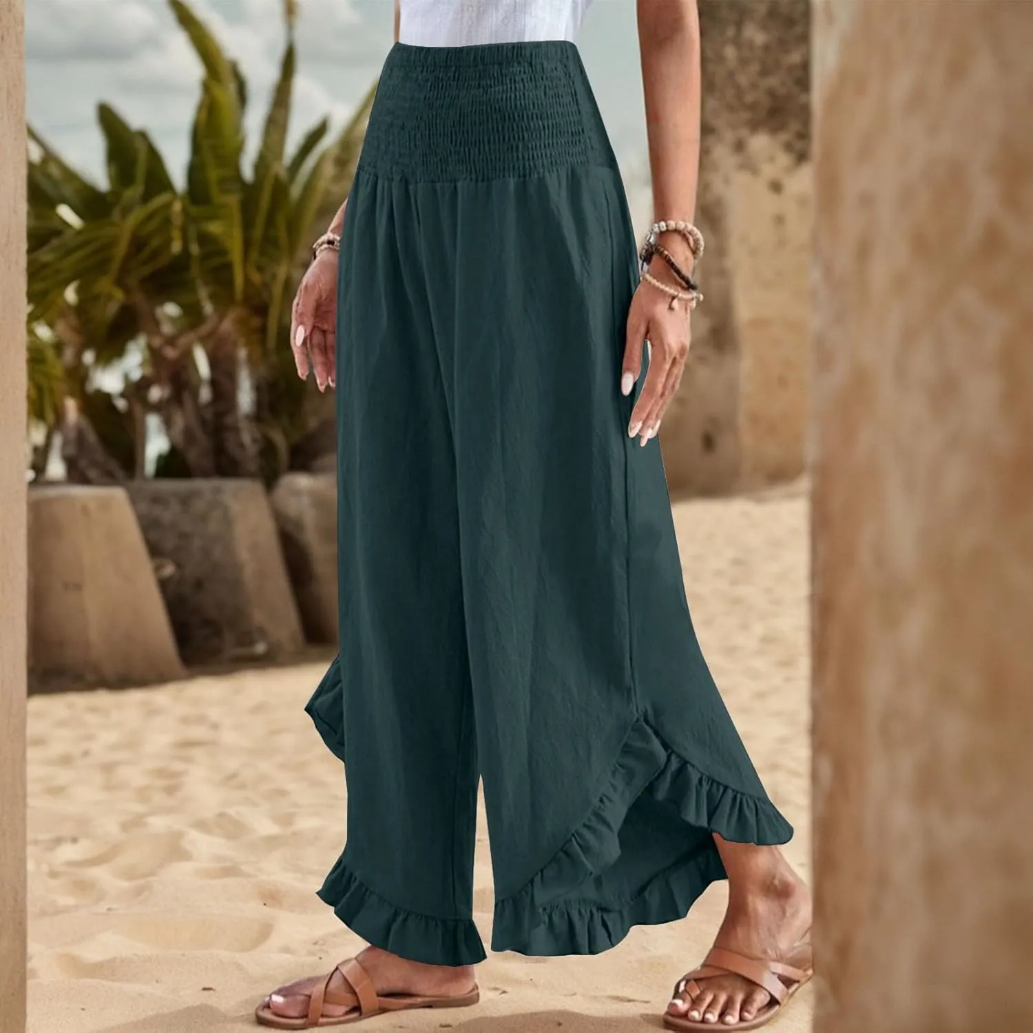 Women's Solid Color Elastic Waist Slim Pleated Petal Dressy Casual Loose Fit Trousers