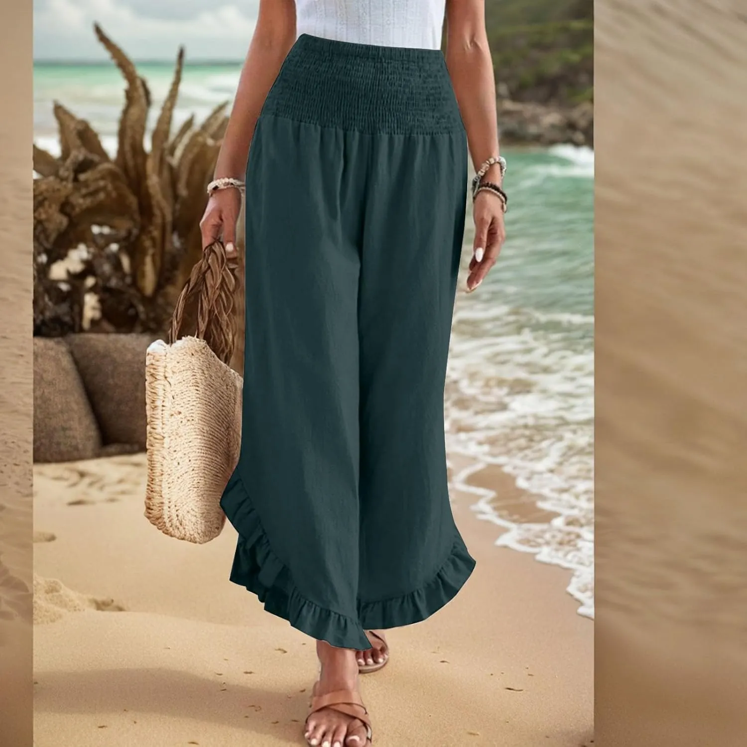 Women's Solid Color Elastic Waist Slim Pleated Petal Dressy Casual Loose Fit Trousers
