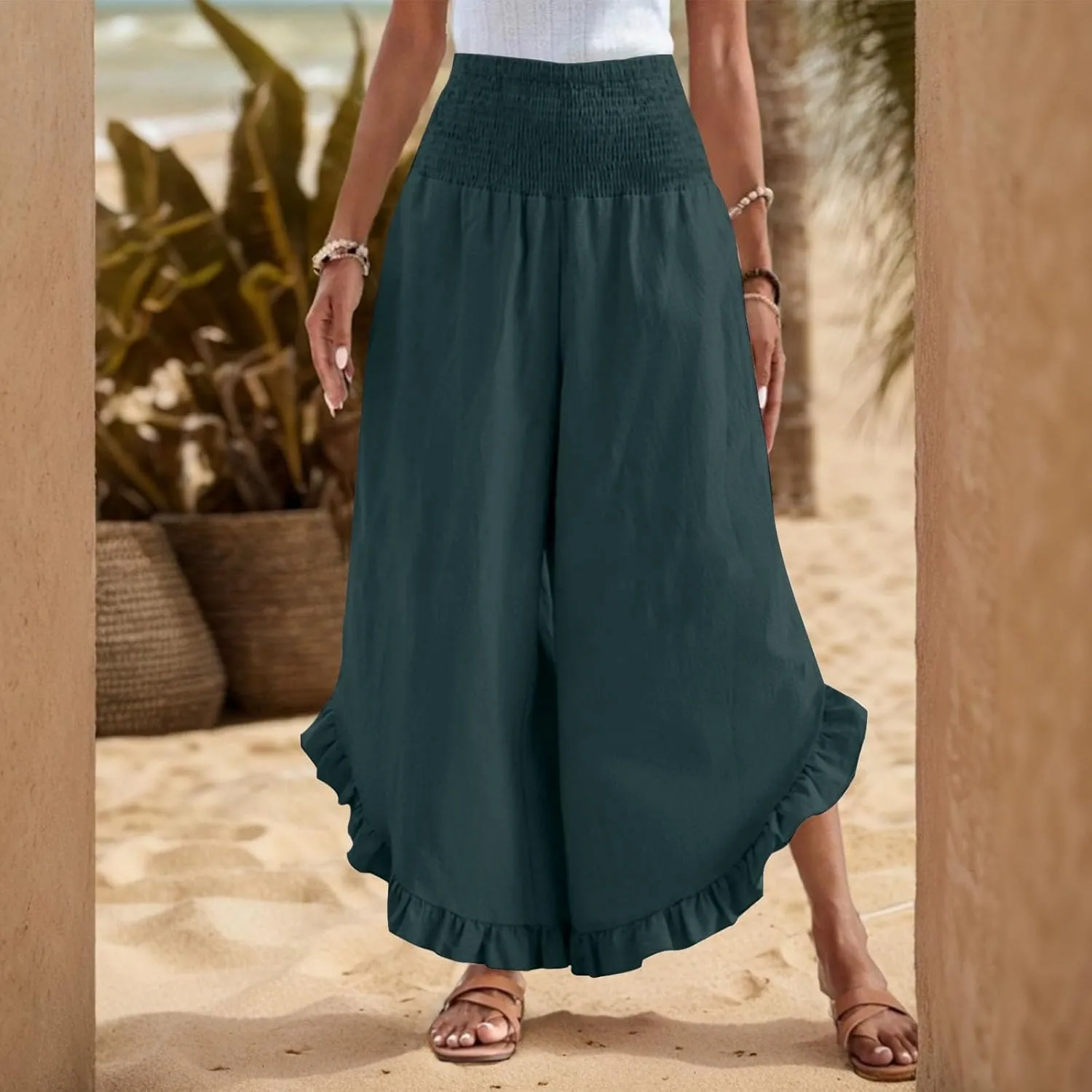 Women's Solid Color Elastic Waist Slim Pleated Petal Dressy Casual Loose Fit Trousers