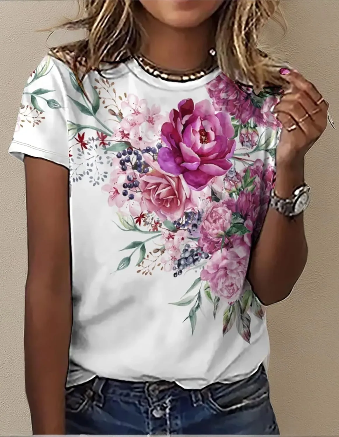 Women's T Shirts Graphic Tees Summer Tops Wildflower Floral Shirt Short Sleeve Casual Loose Fit Shirt