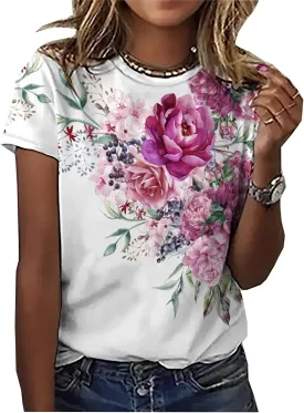 Women's T Shirts Graphic Tees Summer Tops Wildflower Floral Shirt Short Sleeve Casual Loose Fit Shirt