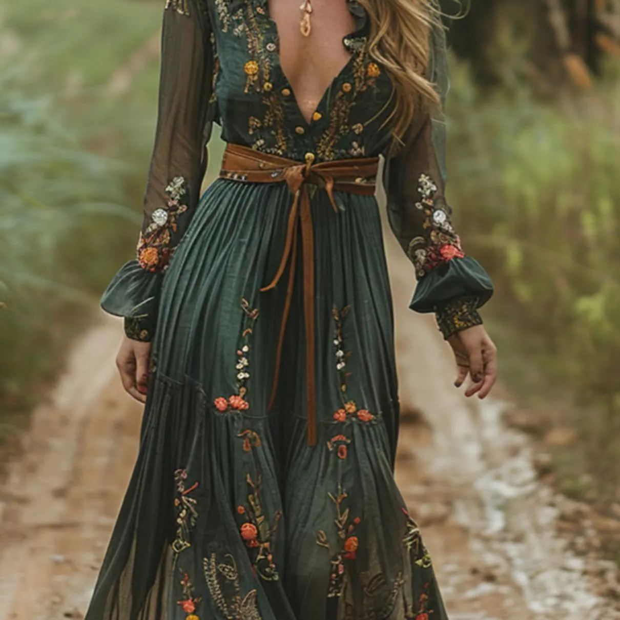 Women's Vintage Pastoral Flower Long Dress Sexy V-Neck Long Sleeve Western Dress Fall Casual Maxi Dress