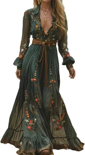 Women's Vintage Pastoral Flower Long Dress Sexy V-Neck Long Sleeve Western Dress Fall Casual Maxi Dress