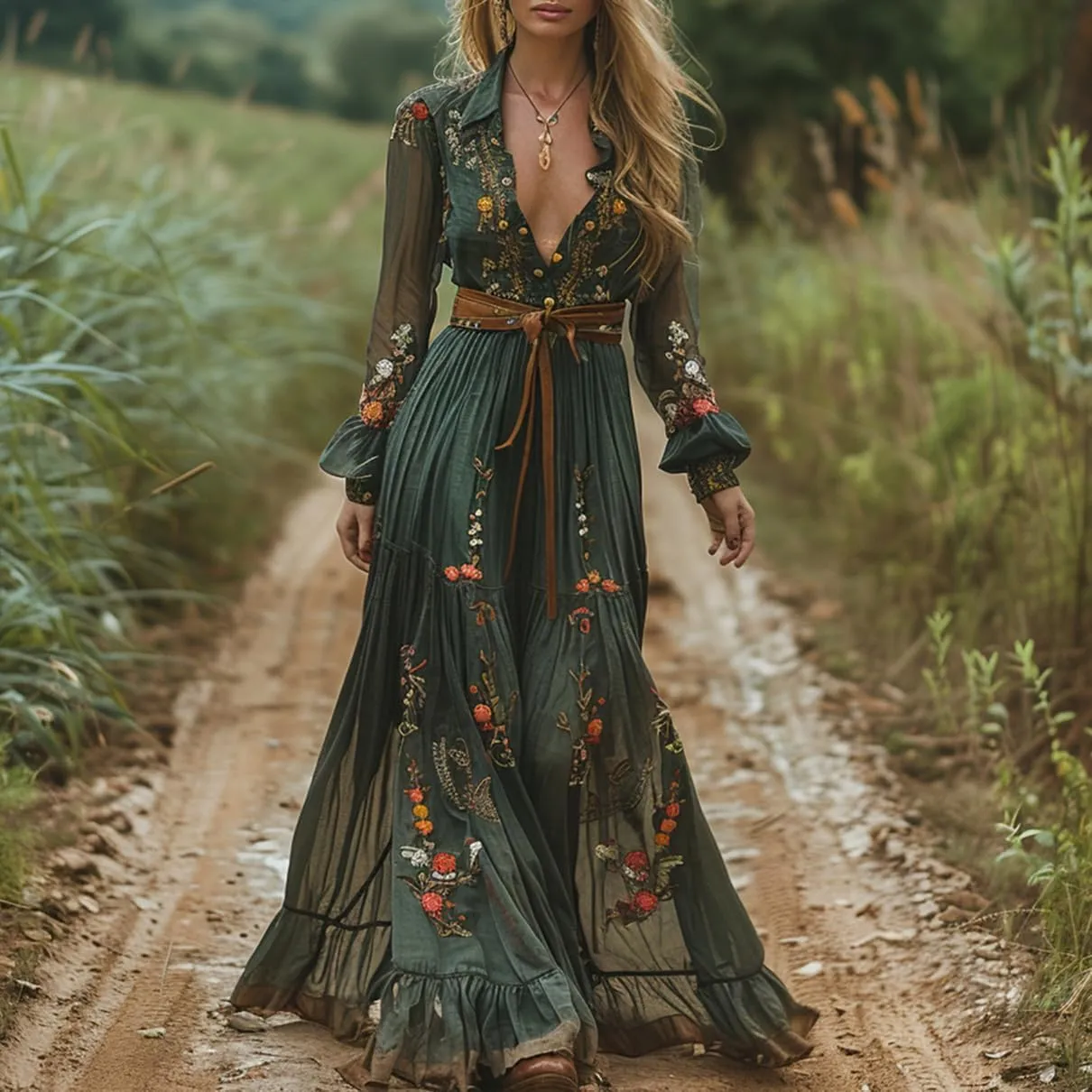 Women's Vintage Pastoral Flower Long Dress Sexy V-Neck Long Sleeve Western Dress Fall Casual Maxi Dress