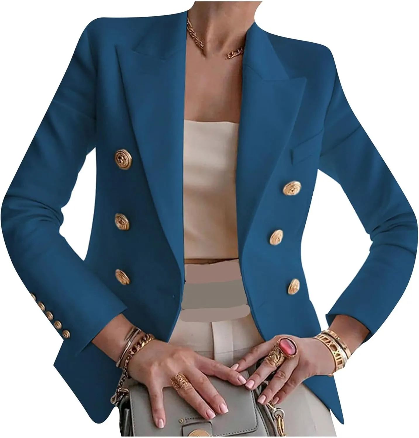 YMING Womens Double Breasted Long Sleeve Blazer Lapel Open Front Jacket Solid Color Work Office Coats with Pockets