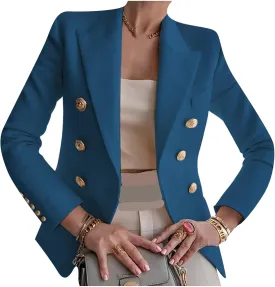 YMING Womens Double Breasted Long Sleeve Blazer Lapel Open Front Jacket Solid Color Work Office Coats with Pockets