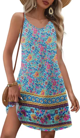 Zeagoo Womens Summer Dress 2025 Loose Sleeveless Tshirt Dress V Neck Mini Dress Beach Sundress with Pockets