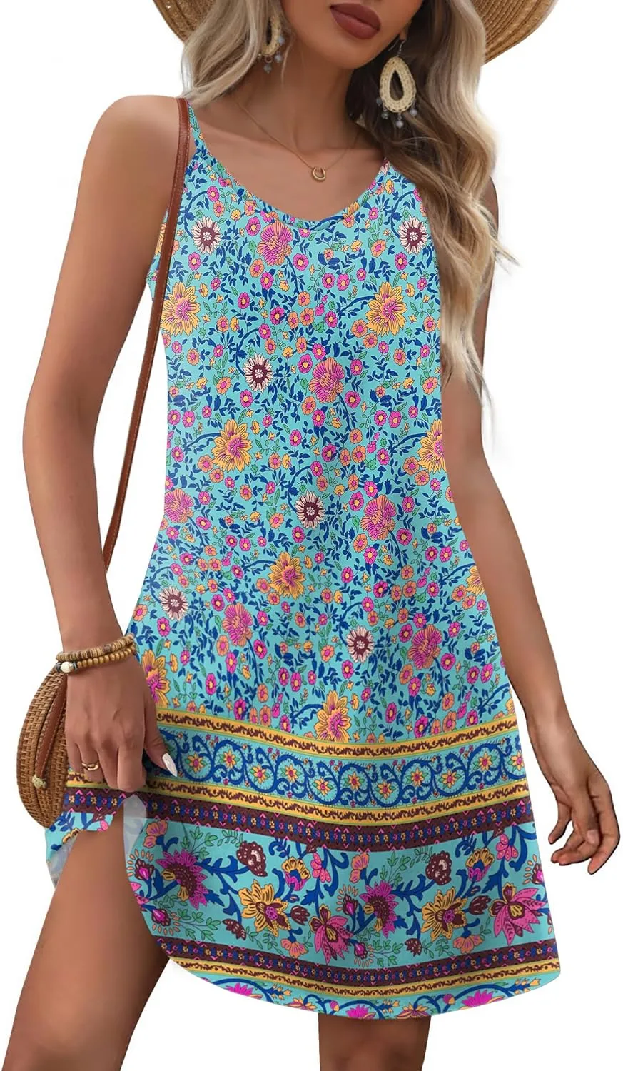 Zeagoo Womens Summer Dress 2025 Loose Sleeveless Tshirt Dress V Neck Mini Dress Beach Sundress with Pockets