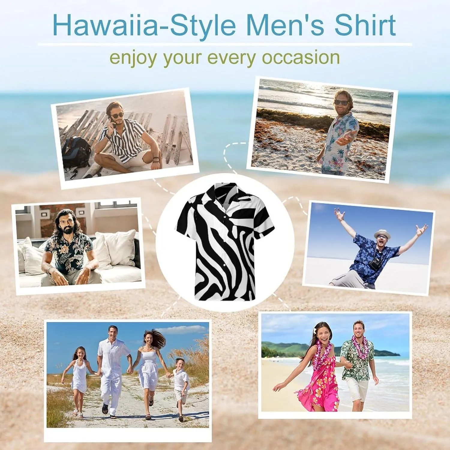 Zebra Print Men's Hawaiian Shirt Cuban Collar Shirt Short Sleeve Button Down Tops Beach T Shirts